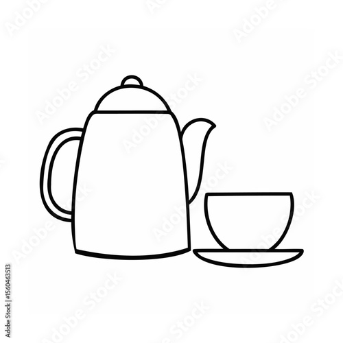 Outline of a teapot with a lid a teacup on a saucer against beverage