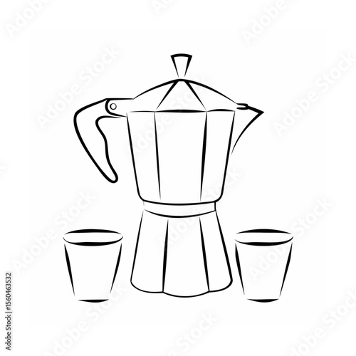 Handdrawn of a coffee maker with two small glasses on a espresso moka