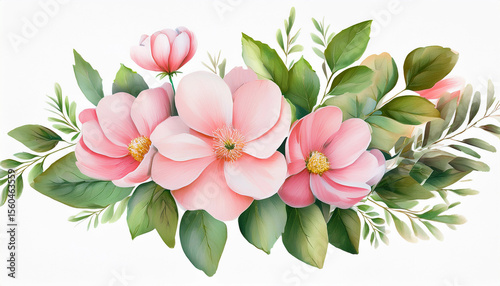 watercolor floral illustration of pink flowers and green leaves on transparent background