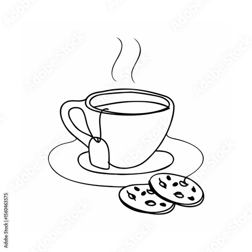 Handdrawn of a teacup with tea bag on saucer with two cookies vector