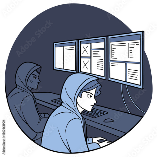 Two hooded figures coding in front of three computer screens inside a dark circular room setting