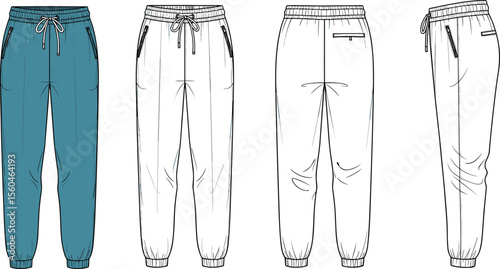 Men's jogger pants technical flat sketch, vector fashion design template, front back side views, CAD drawing for apparel production