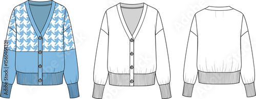 Women’s V-neck cardigan fashion flat sketch, front and back view, button-down sweater design, ribbed cuff hem detail, vector template
