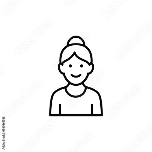 A simple line art icon depicting a smiling woman with a bun.  Clean and minimal design.