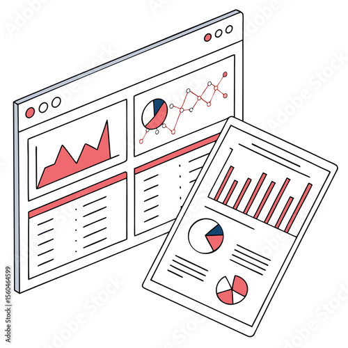 Isometric view of a dashboard interface and a sheet of paper with charts and data visualizations shown