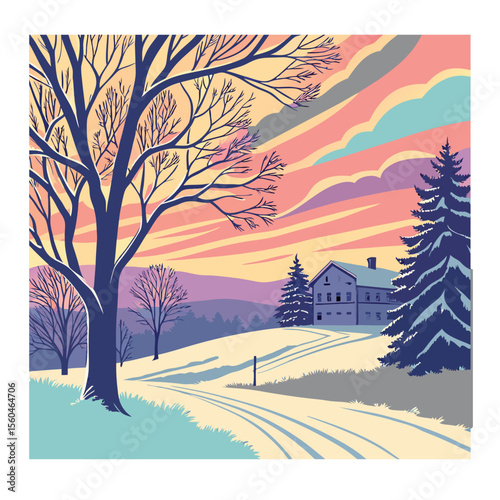 winter morning sunrise colorfull vector on white backround.