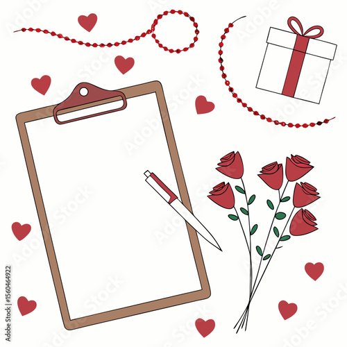 Romantic Valentine Vector with Roses, Gift Box, and Clipboard – Love Letter Illustration EPS