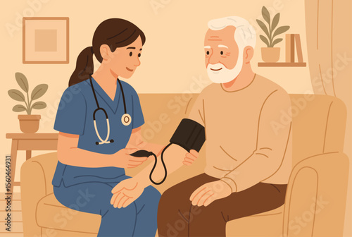 Nurse measuring blood pressure of elderly man