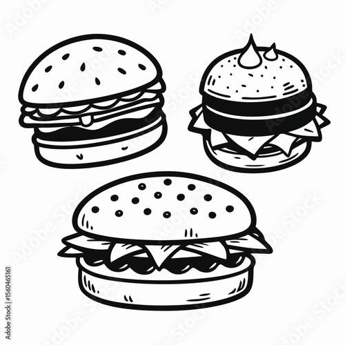 Delicious Burger Illustrations  Hand-Drawn Black and White Designs for Menus, Websites, and More