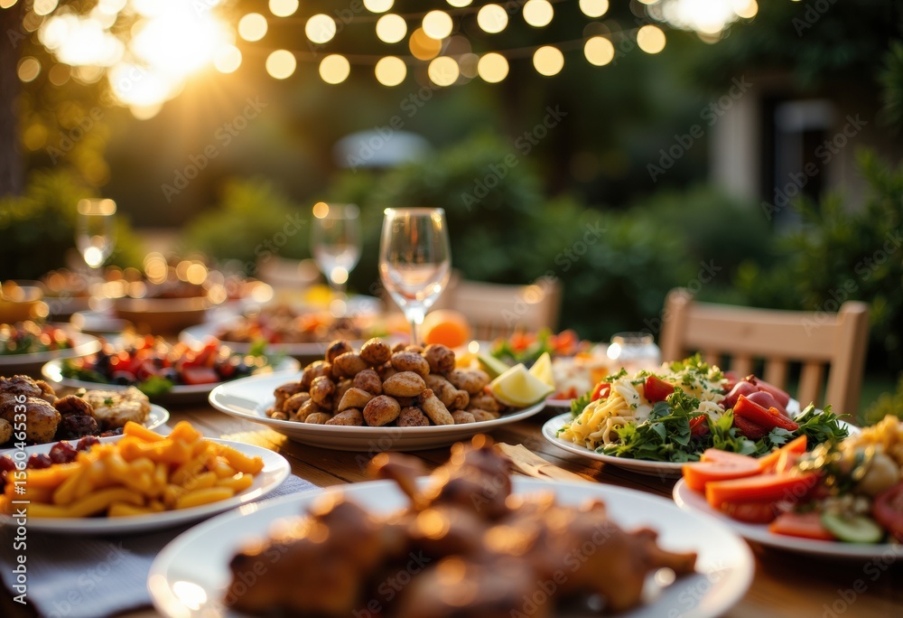 Fototapeta premium Elegant outdoor dinner table set with delicious food and warm sunset lighting