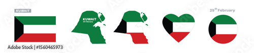 kuwait flag and map set. kuwait flag in official colors and proportions. independence day 25 february , map, circle and heart shaped kuwait	