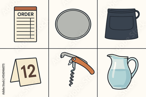 Restaurant essentials: order pad, tray, apron, table number, corkscrew, water pitcher