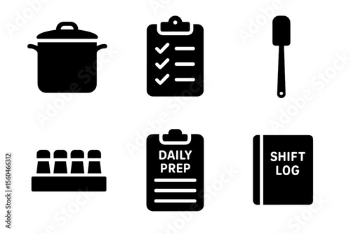 Kitchen management icons set: pot, checklist, spatula, spice rack, daily prep, shift log