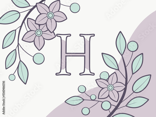 Decorative floral letter h with botanical elements and soft pastel color scheme