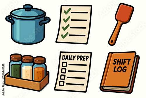 Kitchen tools and documents: pot, checklist, spatula, spice jars, daily prep, shift log