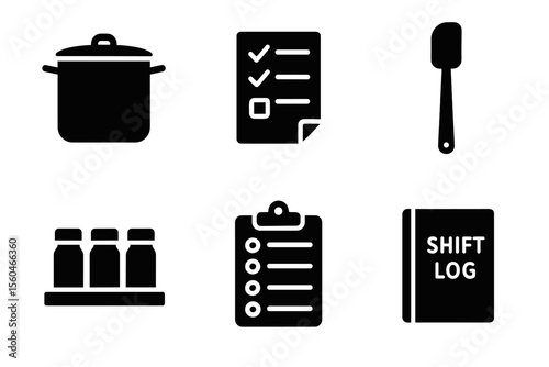 Kitchen tools and checklist icons: pot, checklist, spatula, bottles, clipboard, shift log