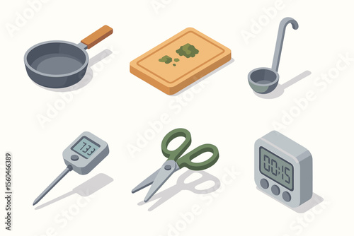 Kitchen utensils and tools illustration: frying pan, cutting board, ladle, thermometer, scissors, timer