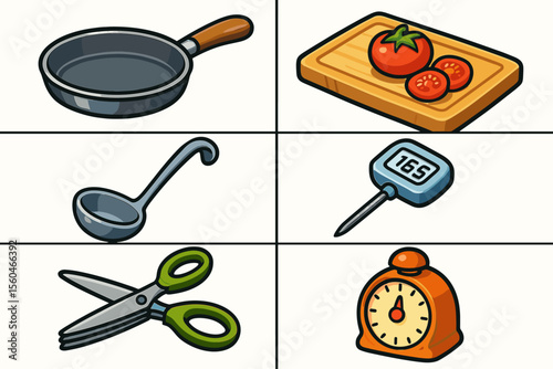 Kitchen tools and ingredients: frying pan, tomatoes, ladle, thermometer, scissors, timer