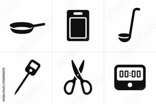 Kitchen utensils icons set: frying pan, cutting board, ladle, thermometer, scissors, timer