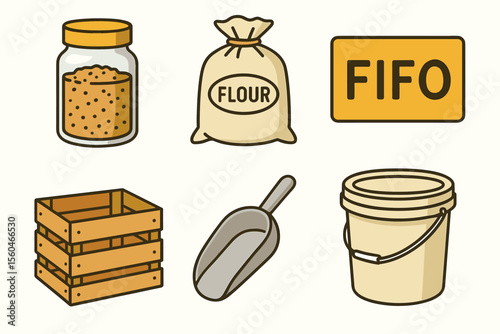 Food storage items - jar, flour bag, fifo sign, crate, scoop, bucket