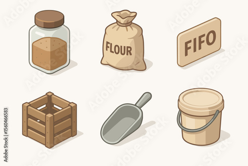 Fifo storage isometric icons with flour, jar, crate, scoop, and bucket