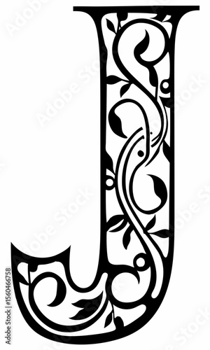 Elegant black letter j with floral vines in decorative artistic design with transparency