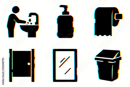 Bathroom icons: handwashing, soap dispenser, toilet paper, door, mirror, trash bin