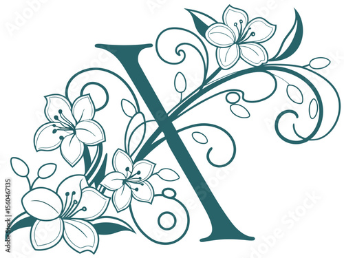 Elegant floral letter x design in teal featuring delicate blossoms and decorative swirls