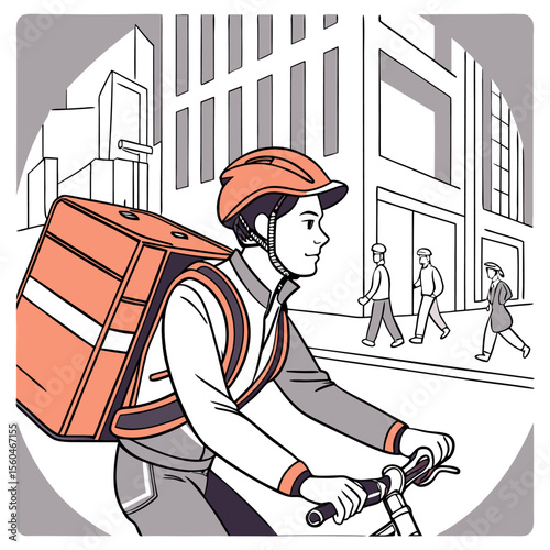 A delivery person on a bicycle with a large orange delivery bag riding through a city street scene