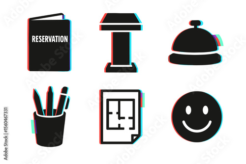 Retro hotel icons set: reservation, podium, bell, stationery, floor plan, smiley