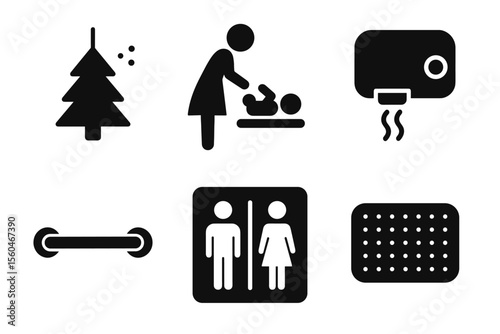 Set of restroom icons: baby changing, hand dryer, toilet symbols, and more