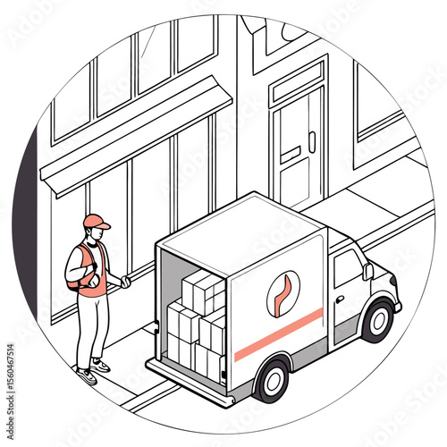 Delivery worker standing by a truck loaded with boxes in front of a building in a circular frame
