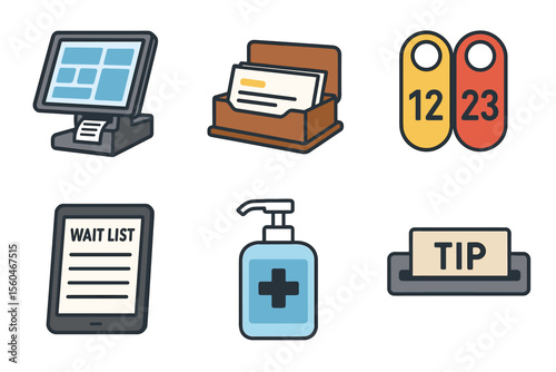 Restaurant icons set: point of sale, table numbers, waitlist, payment, sanitizer, tip