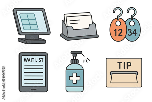 Office icons set with monitor, card holder, number tags, waitlist, sanitizer, tip box