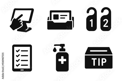 Technology icons: touchscreen, checklist, clipboard, door hanger, sanitizer, tip box