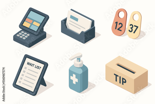 Customer service icon set: register, waitlist, tags, tip box, sanitizer