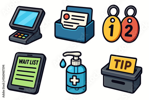 Cartoon icons of pos system, organizer, tags, waitlist, hand sanitizer, tip box