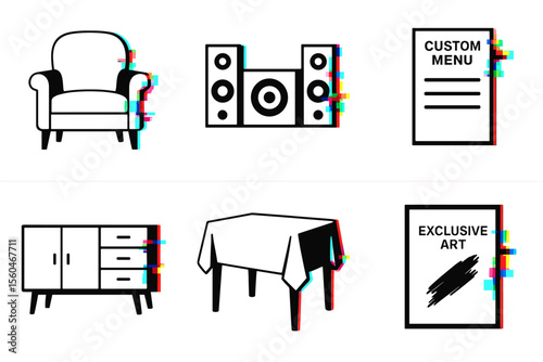 Glitch art icons of furniture and objects with 3d effect