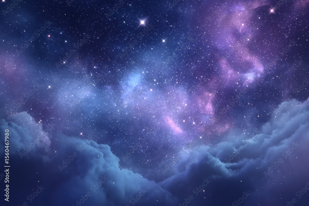 Fototapeta premium A stunning night sky filled with stars, a purple nebula, and fluffy clouds creating a dreamy cosmic scene.