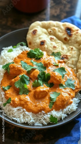 Delicious chicken curry served with fluffy rice and naan at a vibrant local restaurant