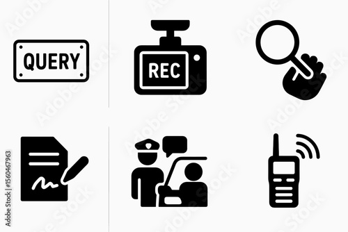 Query icon set: recording, magnifying glass, document signing, police interaction, radio