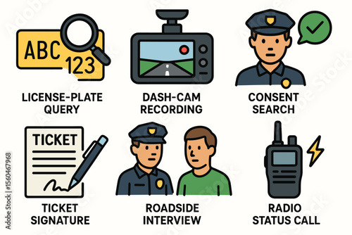 Police procedures icons: license plate, dash cam, consent search, ticket, roadside interview, radio