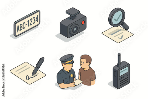 Police interaction with male caucasian adult and surveillance icons