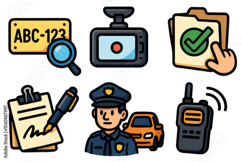 Cartoon police elements set with officer, camera, and license plate