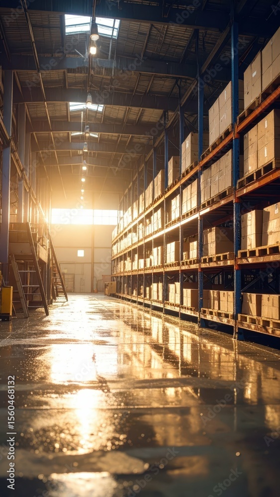 Fototapeta premium Industrial Warehouse with Golden Hour Light and Reflections in Rain