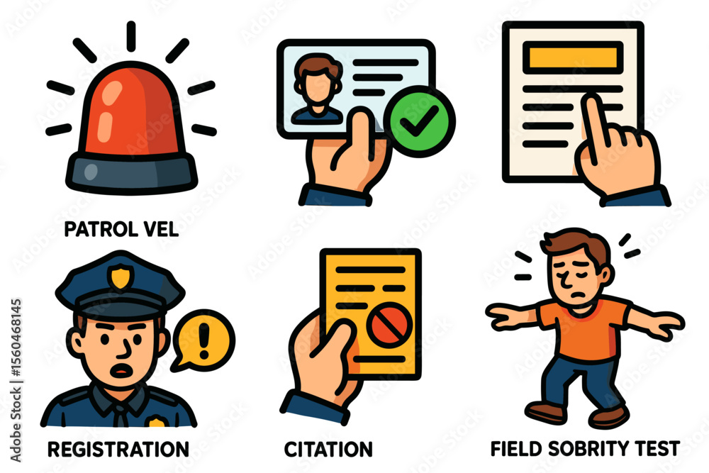 Fototapeta premium Police process icons: patrol light, registration, citation, sobriety test