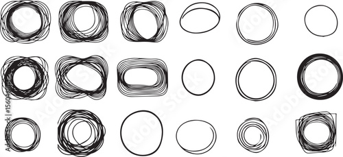 Set of empty clean frames of ovals, circles, hand-drawn with black pencil, pen with uneven chaotic multilayered repeating thin edges with one contour. Vector illustration