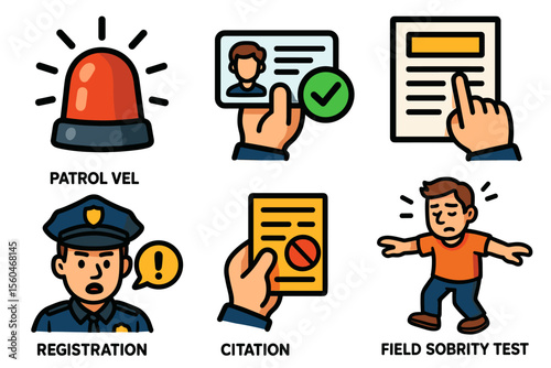 Police process icons: patrol light, registration, citation, sobriety test