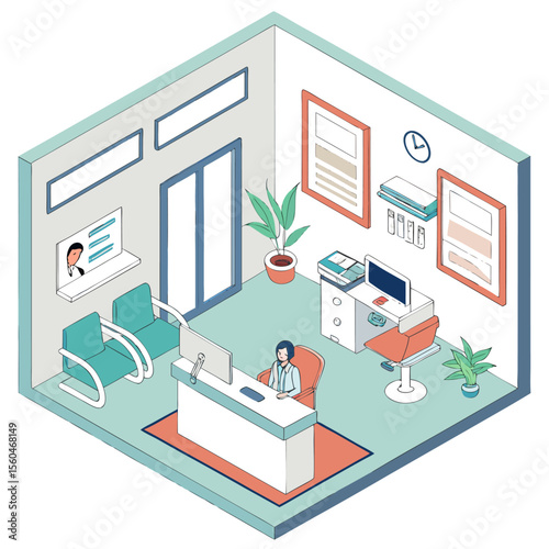 Isometric view of a reception area with a receptionist, waiting chairs, and office decor elements shown