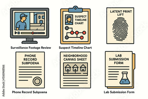 Investigation tools and documents: surveillance, suspect chart, subpoena, fingerprint analysis